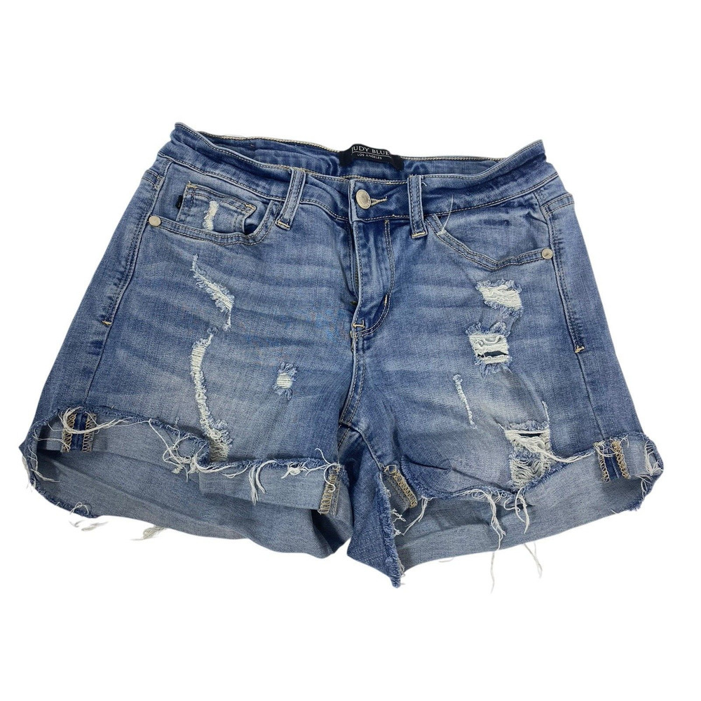Judy Blue Mid Rise Cuffed Blue Denim Shorts JB1550 Womens Size S Distressed
